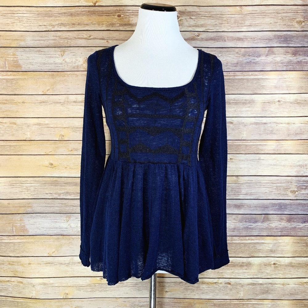 Free People Blue Black Embroidered Peplum Blouse
